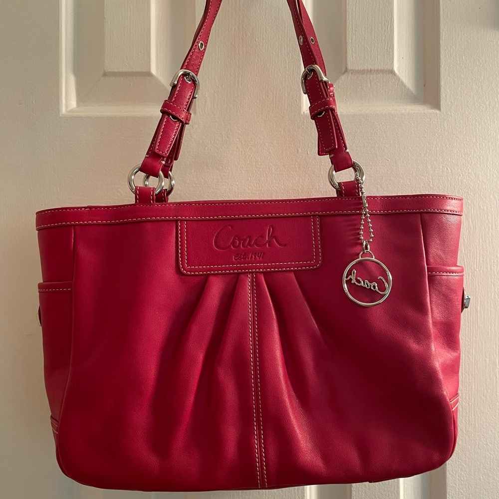 Coach East West Gallery Red Leather Tote Bag with Signature Charm. EUC